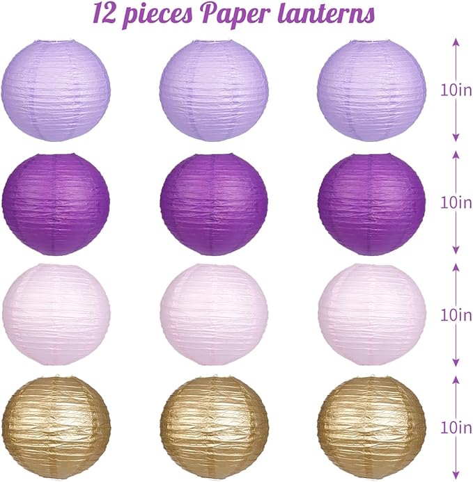 Paper Lanterns Purple Gold Round Hanging Chinese Lanterns for Birthday Baby Shower Bachelorette Party Decorations Pack of 12