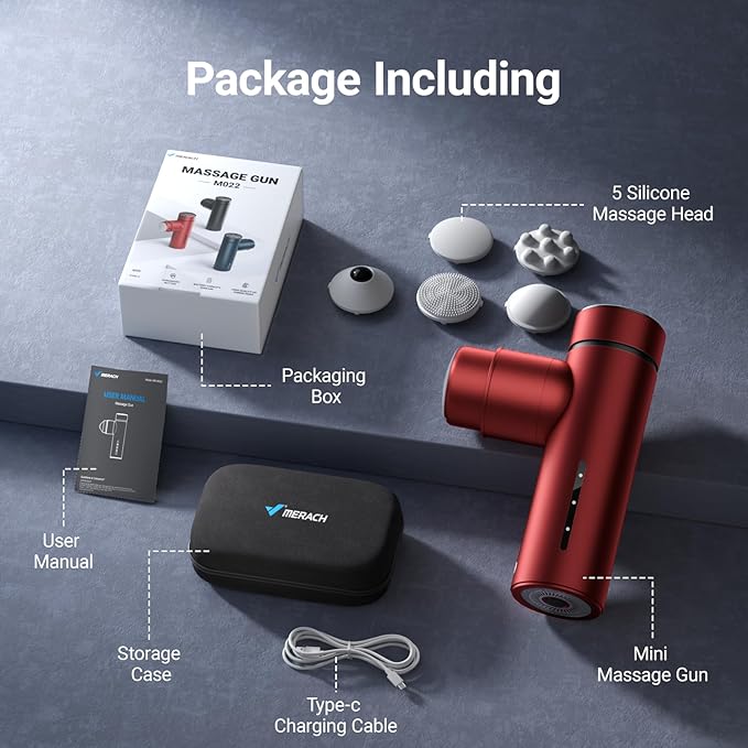 MERACH Mini Massage Gun with 8mm Amplitude, Percussion Massage Tools with 5 Massage Heads, Portable Hand Held Muscle Massagers for Pain Relief Deep Tissue, Cool Gifts for Mens and Women (Red)