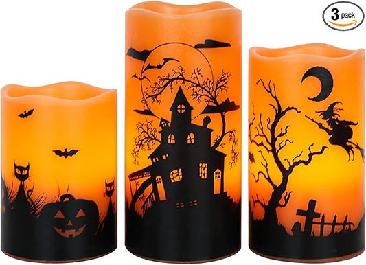 Wondise Halloween Flickering Flameless Candles with 6 Hour Timer, Battery Operated LED Real Wax Candles Set of 3 Halloween Home Decoration Gifts(3 x 4 5 6 Inch)