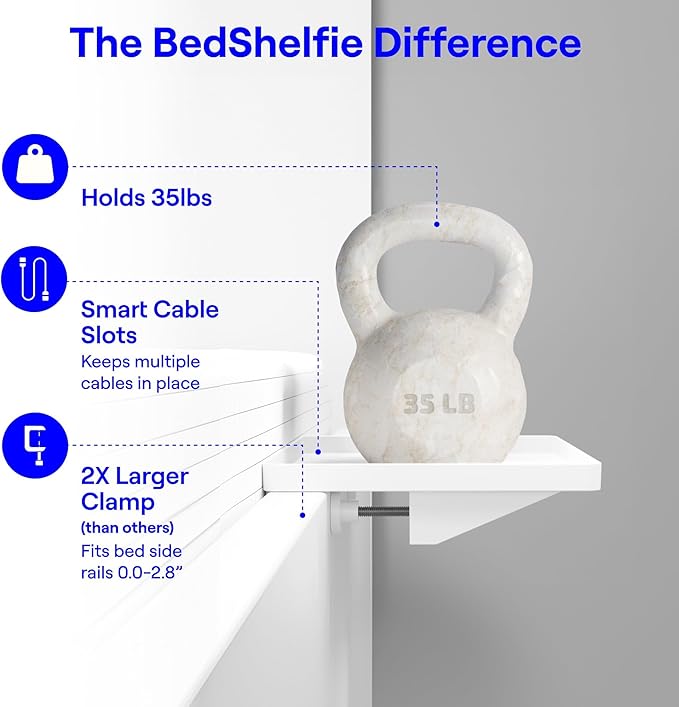 BedShelfie Bedside Shelf for Dorm Room Bunk Bed & Top Bunk, College Dorm Room Essentials, Bedside Caddy, Clip on Floating Desk Tray, Bed Side Table Storage, Loft Nightstand Decor - Cable Catch, White