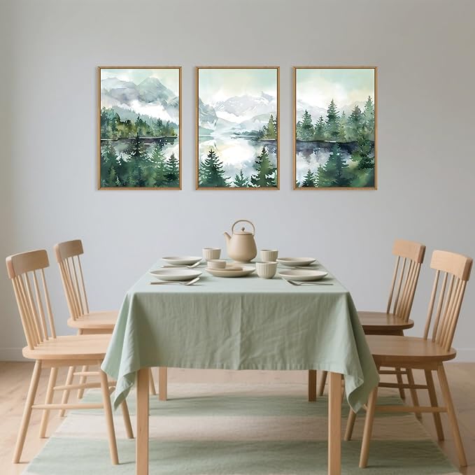 Watercolor Mountain Framed Canvas Wall Art Set, Boho Forest Wall Decor, Nature Green Pines Wall Painting, Forest Wilderness Artwork for Living Room, Bedroom, Dining Room, Office - 16"x24"x3