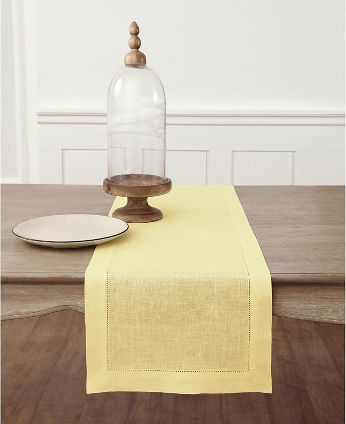 Solino Home Linen Yellow Table Runner 60 Inches - Classic Hemstitch, 100% Pure Linen Coffee Table Runner 14 x 60 Inch Ideal for Dresser Tables