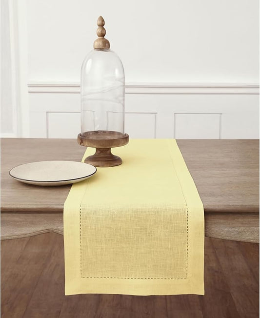 Solino Home Linen Yellow Table Runner 60 Inches - Classic Hemstitch, 100% Pure Linen Coffee Table Runner 14 x 60 Inch Ideal for Dresser Tables