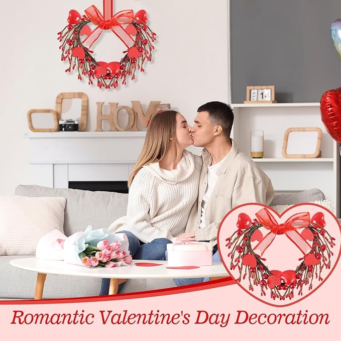6 Pcs Valentine's Day Heart Wreath Artificial Red Berries Heart Wreath Kitchen Cabinet Wreaths Hanging Valentines Day Wreaths for Front Door Window Wedding Birthday Home Decoration