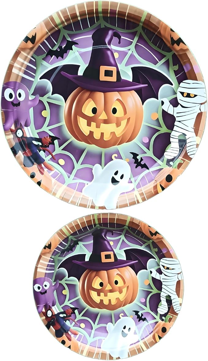 Halloween Paper Plates,Cups,Forks(96Pcs)-Disposable Party Plates Heavy Duty,Party Supplies Tableware Set|Paper Plates 9 inch & 7 inch,Spooky Decor(Flying Pumpkin,Ghost,Zombie,Bat) for Kids Halloween