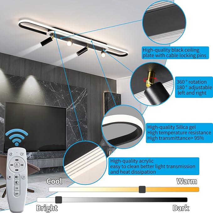 Modern LED Ceiling Light 6-Light track light Spotlight Frosted Black Geometric Ceiling Light Lighting Fixture Dimmable Remote Control Living Bedroom Kitchen Dining Room Fixture