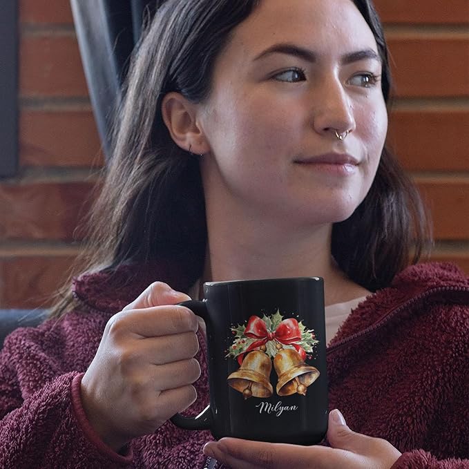 Christmas Jingle Bells Design Ceramic Mug, Custom Christmas Themed Cup With Name, Gift For Sibling, Personalized Coffee Mug With Jingle Bells Design, Customized Xmas Black Cup 11oz 15oz