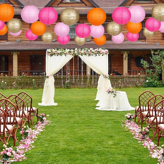 Paper Lanterns Pink Orange Gold Round Hanging Chinese Lanterns for Birthday Party Baby Shower Bridal Shower Decorations Pack of 12