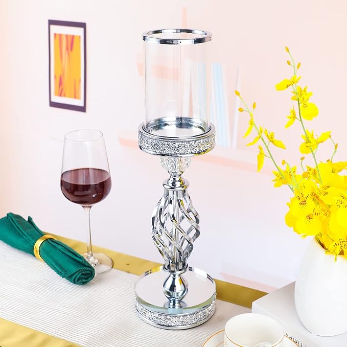 Hanjue Crystal Candle Holders for Pillar Candle, Metal Crystal Candle Holder for Home Decor, Centerpieces, Coffee Dining Table CH0509 (Silver (L))