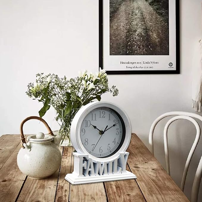 6.5 Inches Mantel Clock, Vintage Non-Ticking Family Desk Table Clock Battery Operated with Quartz Movement HD Glass for Kids Bedroom Living Room Office (Distressed White)