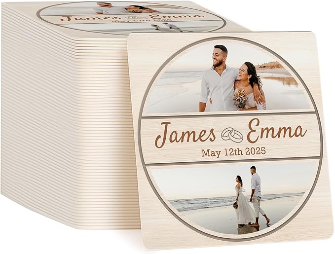 60 Pack Personalized Wedding Coasters, Custom Cardboard Coasters for Drinks with Photo Print and Text, Keepsake Wedding Favors and Gifts for Couples, 4x4 Square, Design 5