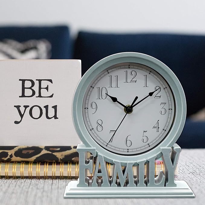 Clumsypets 6.5 Inches Table Clock, Vintage Non-Ticking Family Mantel Desk Clock Battery Operated with Quartz Movement HD Glass for Kids Bedroom Living Room Office (Cottage Blue)