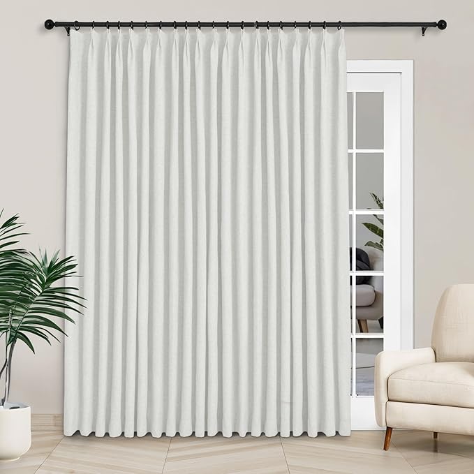 Macochico 100”Wx96”L Pinch Pleated 100% Blackout Linen Curtains Thermal Sliding Curtains for Bedroom Living Room Sliding Glass Door Farmhouse Shabby Chic Greyish White Drapery with Tieback 1 Panel