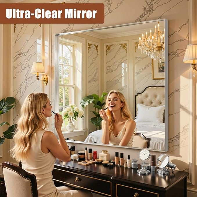 55"x30" Silver Framed Bathroom Mirror, Large Rectangular Vanity Mirror, Aluminum Metal Frame, Wall Farmhouse Modern Wall-Mounted Mirrors for Bathroom, Bedroom, Living Room, Over Sink
