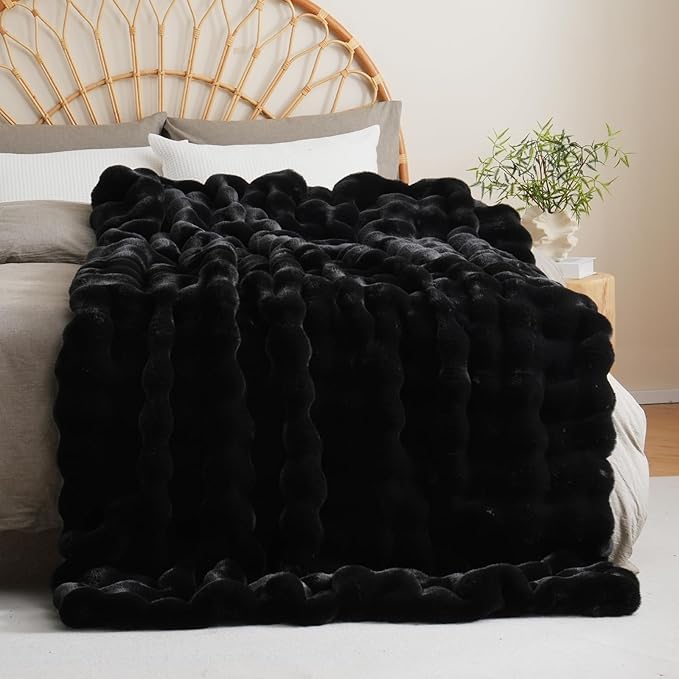 BENVWE Faux Fur Throw Blanket for Couch - Thickened Fluffy Soft Bubble Blanket for Living Room Home Decor - Fathers Day Birthday Gifts for Women Men, Black, 50" x 60",1300GSM