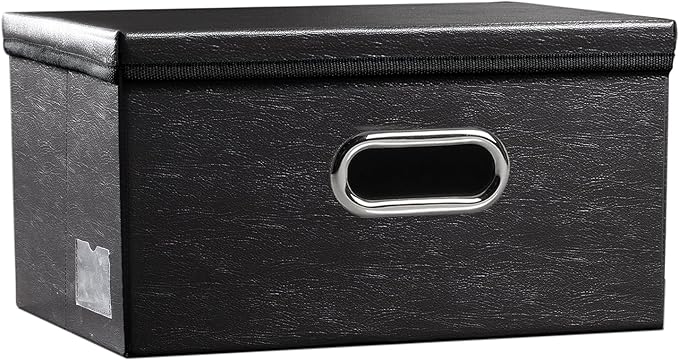PRANDOM Collapsible Storage Box with Lid [1-Pack] Leather Fabric Foldable Storage Bin Organizer Container Basket Cube with Cover for Home Bedroom Closet Office Nursery Black (13.6x9.6x6.9)