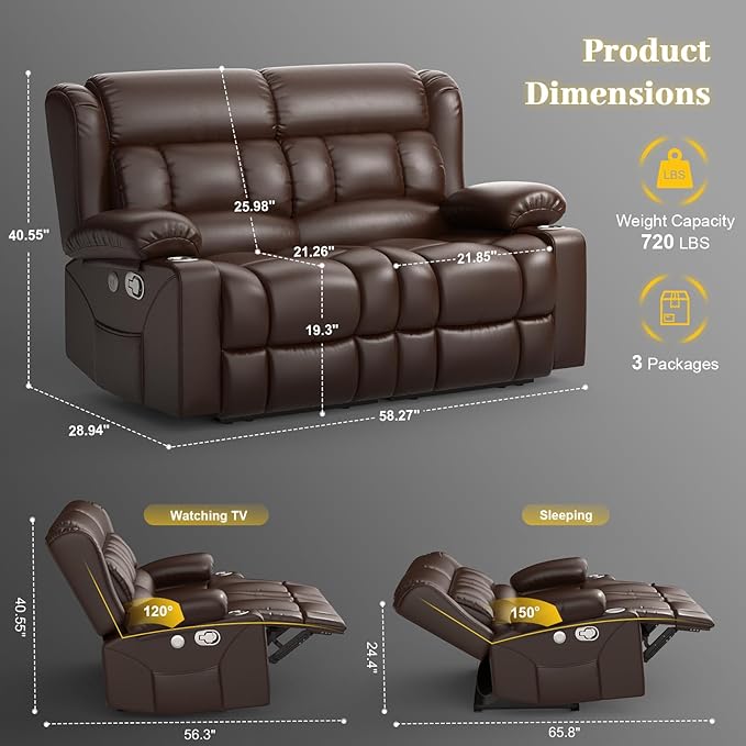 RV Loveseat Recliner Sofa, PU Leather RV Reclining Loveseat with USB Charge Ports, Cup Holders, 2 Seater Manual Pull Tab Recliner Sofa Couches for Living Room/RV, Brown