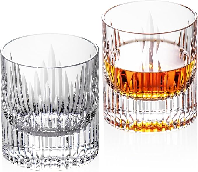 KAMMAK Crystal Whiskey Glasses Set of 2, Luxury 7.44oz Old Fashioned Glasses Stemless, Hand Blown Cocktail Glasses, Handcrafted Cut White Scotch Cup for Women, Men Gift for Bourbon,Home Bar