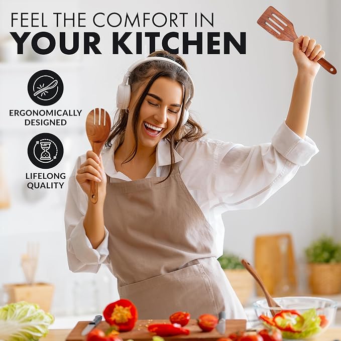 Zulay Kitchen Extra-Large 6-Piece Wooden Spoon Set - Smooth Teak Cooking Utensils - Comfort-Grip Non-Stick Turner, Spatula, Skimmer, Fork, Serving Spoon