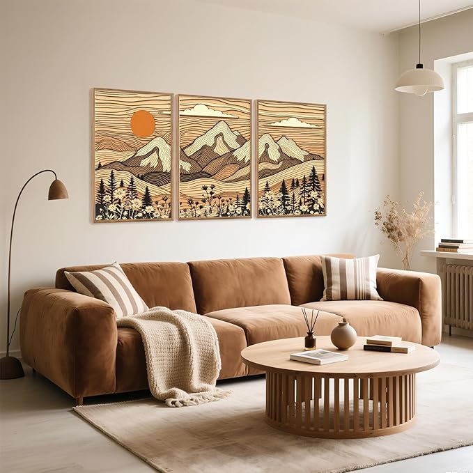 HPNIUB Mountain Framed Canvas Wall Art, Vintage Pine Tree Wall Decor, Country Wilderness Forest Wildflower Painting, Modern Nature Sun Art Prints for Living Room,Bedroom,Farmhouse- 16"x24"x3