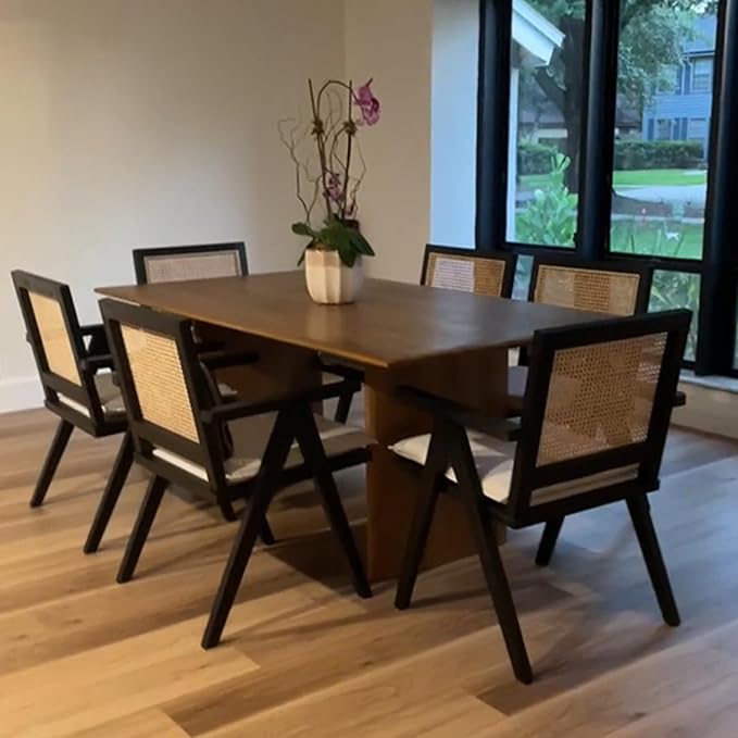 Rattan Dining Chairs Set of 6, Farmhouse Wicker Dining Chairs with Removable Linen Cushion Accent Cane Armchair for Dining Room Kitchen Restaurant, Black