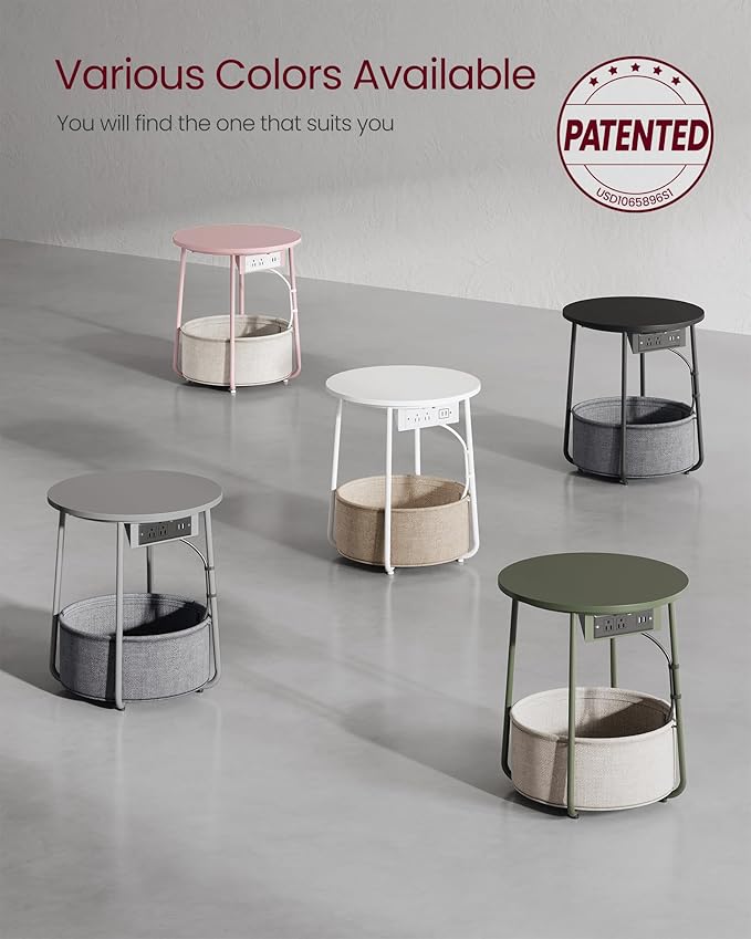 VASAGLE Side Table with Charging Station, Round End Table with Fabric Basket, Nightstand with Power Outlets, USB Ports, for Living Room, Bedroom, Modern, Ebony Black and Slate Gray ULET228B01