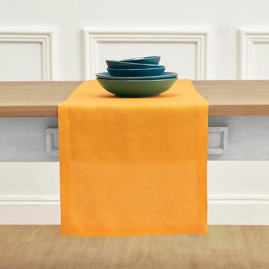 Solino Home Linen Table Runner 108 Inches Long - 100% Pure Linen Tangerine Yellow Dining Table Runner 14 x 108 Inch - Fete