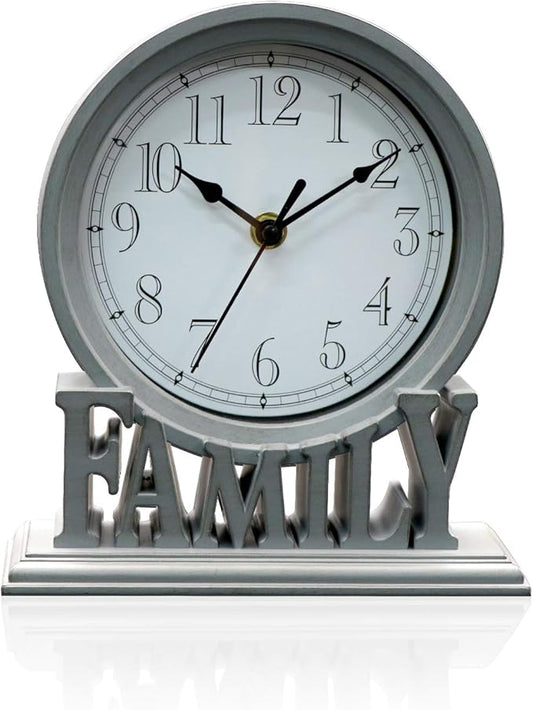 6.5 Inches Table Clock, Vintage Non-Ticking Family Mantel Desk Clock Battery Operated with Quartz Movement HD Glass for Kids Bedroom Living Room Office (Distressed Grey)