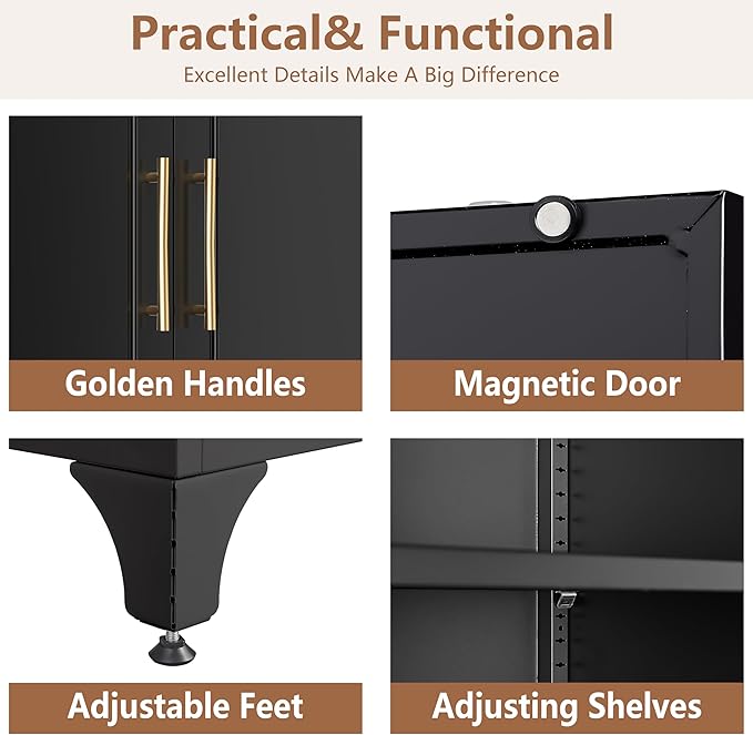 Kitchen Pantry Cabinet, 75" Tall Pantry Cabinet with Three Drawers, Freestanding Food Cupboard with Doors and Shelves, Metal Storage Cabinets for Dining, Living Room, Black, Assembly Required