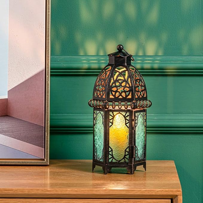 NEEDOMO Hanging Moroccan Lantern, 12.8'' Vintage Candle Holder, Metal Lanterns Decorative Indoor Outdoor, Table, Patio, Porch, Shelf, Gothic Home Decor (Green, Large Size)