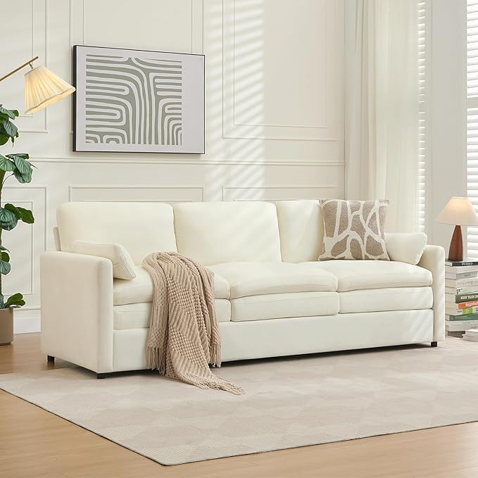 Tbfit Modern Couch Sofa, 89" Cloud Couch w/Pillows, Pocketed Spring Seat, Comfy 3-Seater Plush Foam Cushions, Chenille Fabric Removable Covers, Soft Upholstered Living Room Furniture Apartment, Beige