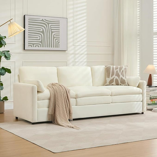 Tbfit Modern Couch Sofa, 89" Cloud Couch w/Pillows, Pocketed Spring Seat, Comfy 3-Seater Plush Foam Cushions, Chenille Fabric Removable Covers, Soft Upholstered Living Room Furniture Apartment, Beige