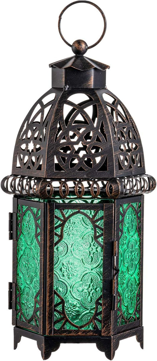 NEEDOMO Hanging Moroccan Lantern, 12.8'' Vintage Candle Holder, Metal Lanterns Decorative Indoor Outdoor, Table, Patio, Porch, Shelf, Gothic Home Decor (Green, Large Size)