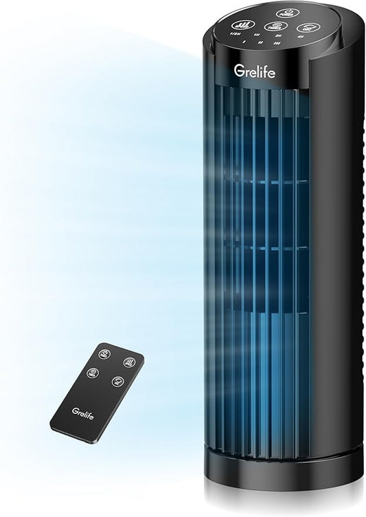 Grelife 13'' Tower Fan for Bedroom, 26dB Quiet Floor Fan with Remote, 3 Mode, 1-8H Timer, 90° Oscillating Fans for Indoors with 27ft/s Velocity, Portable Desk Table Fan for Room, Home, Office,Black