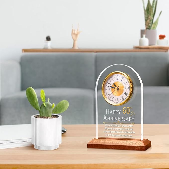 60th Anniversary Wedding Gift, Anniversary Quartz Clock, Desk Table Clock, 60 Years of Marriage, Golden Wedding for Couple, Parents, Grandparents (Wooden Base with LED Light)