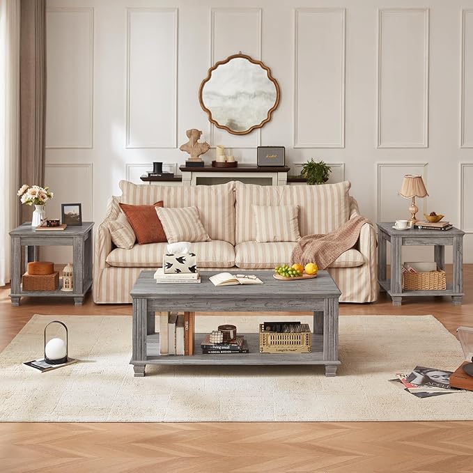 Farmhouse Coffee Tables for Living Room,Square Tea Table with Open Storage Shelf,Large Coffee Table,Rustic Wooden Center Table,Gray