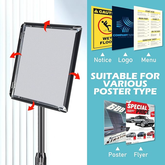 6 Pack Sign Holder Stand - 8.5 ×11 inch Standing Display Sign Stand, Adjustable Poster Sign Holder Heavy Duty Pedestal Floor Sign Stand, Snap Open Frame for Vertical & Horizontal View, Black