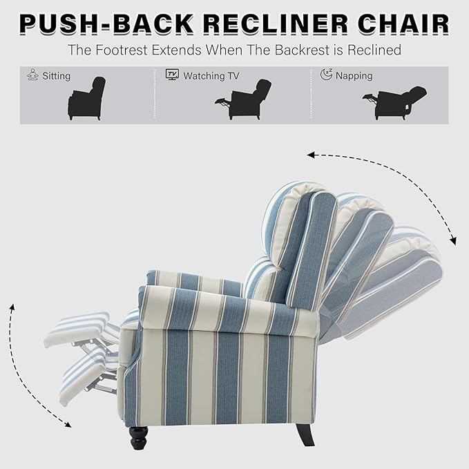 UIXE Pushback Recliner Chair Push Back Accent Chair, Fabric Overstuffed Armchair for Living Room, Rivet Trim Club Chair Home Theater Single Sofa Bedroom Reading Seat - Stripe Navy