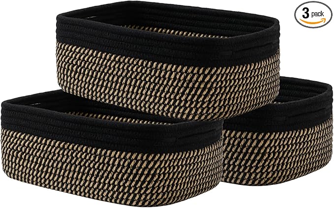 KALLAX Small Woven Basket, 12 x 8 x 4.5 Inches, Storage Basket for Organizing, Cute Small Rope Shelf Closet Cube Storage Bins Baskets for Shelves, Dog Toy Gift Baskets Empty, 3 Pack Black & Brown