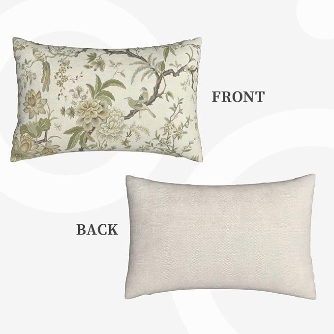 CXMEIFLY Spring Floral Birds Pillow Covers 12 x 20 Inch Set of 2 for Chinoiserie Flowers Decor Throw Pillows Sage Green Plant Outdoor Decorative Cushion Cases for Couch Bed Decorations