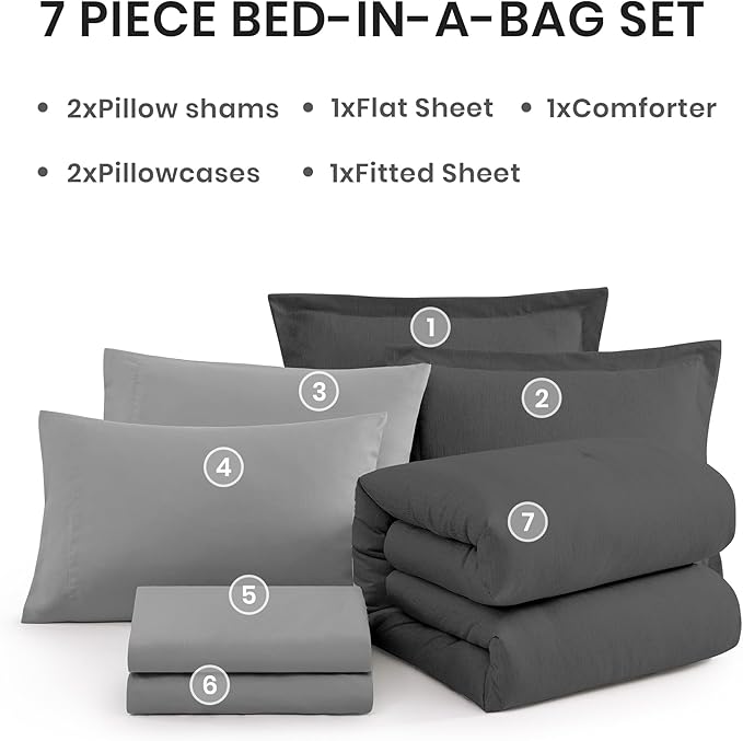 Monbix Queen Comforter Set - 7 Pieces Cationic Dyeing Dark Grey Bed in a Bag Queen Bedding Sets with Comforter, Sheets, Pillowcases & Shams, Reversible Bedding Comforters Sets