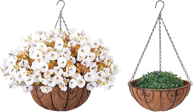 Artificial Fall Flowers Fake Hanging Plants Flowers Basket for Outdoors Autumn Decoration, Silk Morning Glory with Eucalyptus Look Real UV Resistant Faux Flowers for Outside Porch Patio Balcony, White