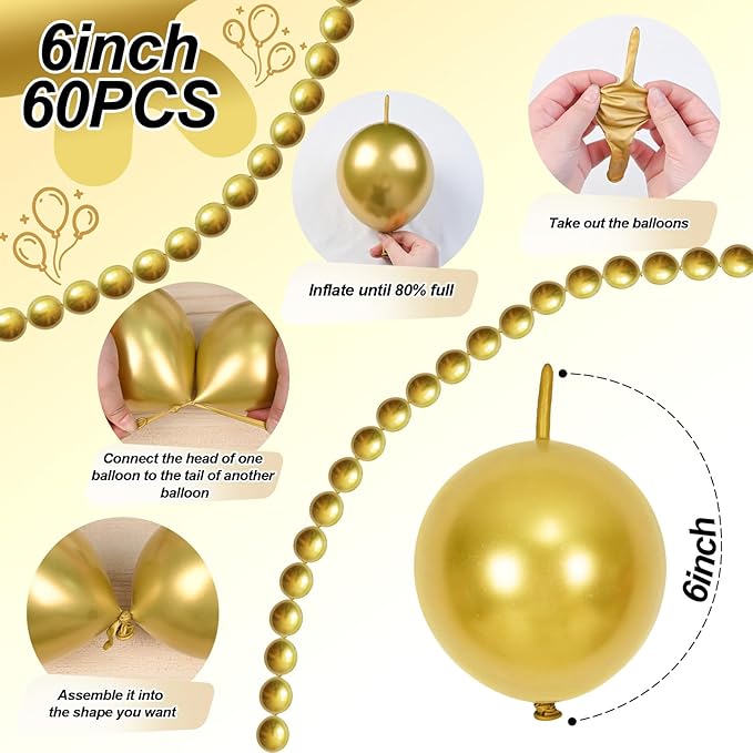 Gold Quick Link Balloons, 60PCS Linking for Balloon Wall Arch Chains, 6inch Linkable for Wedding Birthday Baby Shower Engagement Graduation Party Decorations