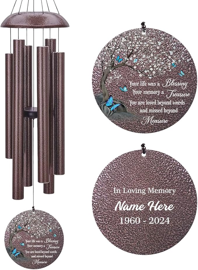 Personalized Wind Chimes, Blue Butterfly Sympathy Wind Chime, in Loving Memory for Loss of Loved Dad/Mom, Metal Large Memorial Condolences Gifts, 36inch Deep Tone Wind Chime