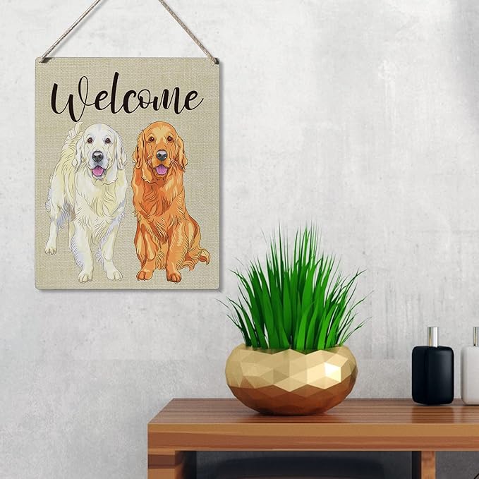 Qious Welcome Sign Gift Farmhouse Welcome Golden Retriever Wooden Hanging Sign Plaque Modern Wall Art Decor for Home Decoration 10 x 8 Inches