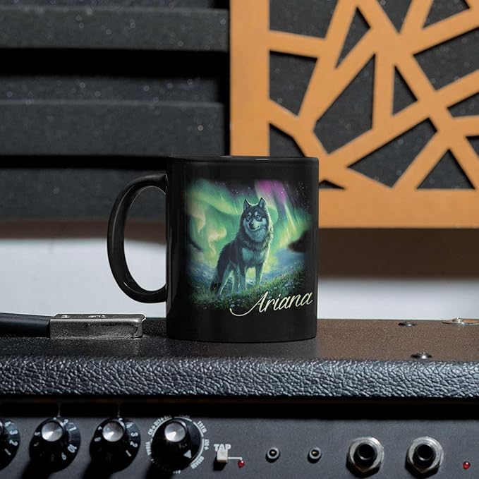 Personalized Husky With Northern Lights Coffee Mug, Custom Name Black Cup 11oz 15oz, Customized Cute Husky Dog Ceramic Mug, Gift For Animal Lovers, Beautiful Landscape Keepsake Cup