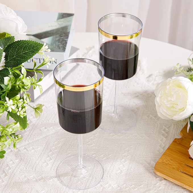 Ciaell 12 Pack Plastic Wine Glasses - 14 Oz Plastic Wine Glasses with Stem - Square Gold Disposable Stemmed Glass for Parties & Weddings & Outdoors & Thanksgiving