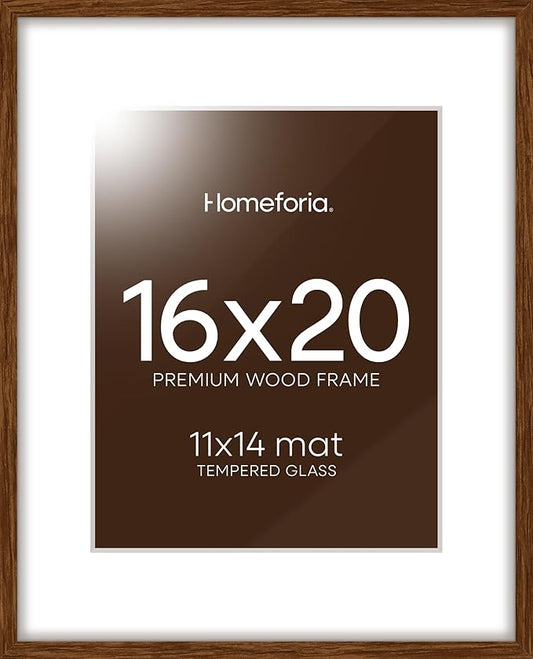 Homeforia 16x20 Picture Walnut Frame, High End Dark Oak 16x20 Wooden Brown Frames with Mat 11x14, 16 x 20 Wood Poster Frame Matted to 11 by 14, 20x16 Hanging Frames, Tempered Glass, Wall Kit, Set of 1