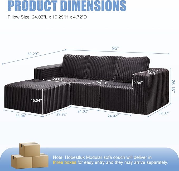 Hobestluk Modular Sectional Sofa Memory Foam Couch Oversized Sectional Sofa 3-Seater with Chaise Cloud Couch with Removable Cover L Shape Sofa for Living Room (Strip Grey, 3-Seater with Chaise)