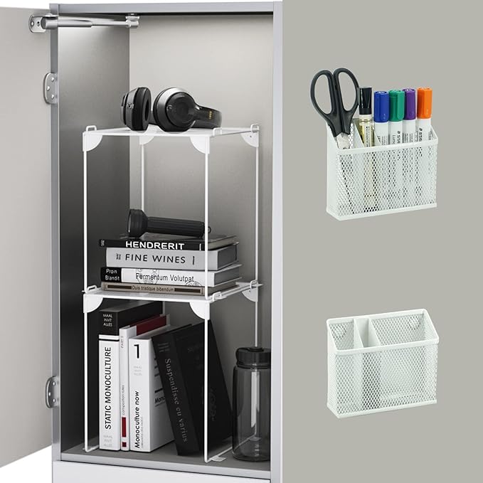 Neudeoc Locker Organizer and Accessories Kit, Includes Mesh Locker Shelf and Magnetic Pen Holder, Suitable for School, Work, Kitchen and Bathroomn (Pack of 4, White)